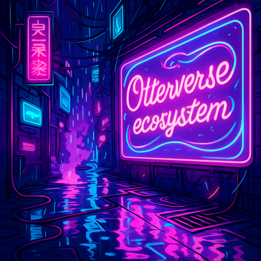 Create a rain-drenched neon alleyway with steam vents, flickering holoboards, and damp metal grates. One giant animated billboard reads ‘Otterverse ecosystem’ in glowing script. Include scattered cables, occasional sparks, and puddles that mirror the vibrant magenta and teal lights—character-free and coin-free..
In-Game asset.  2d.  High contrast.  No shadows