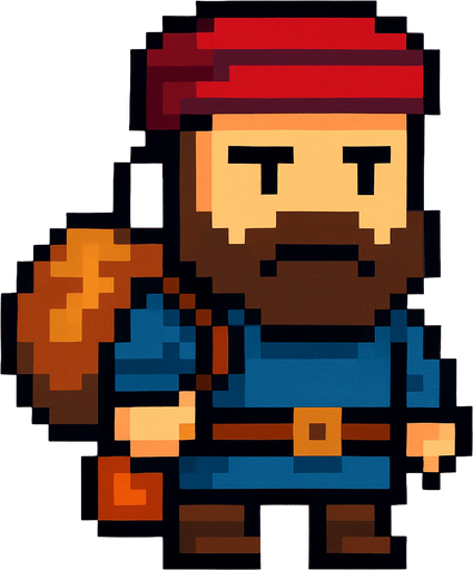 Genera una imagen de un comerciante pixel y que su cabeza sea un poco más grande que su cuerpo.
In-Game asset.  2d.  High contrast.  No shadows