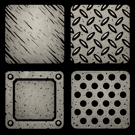 Different metal backgrounds, square.
In-Game asset.  2d.  High contrast.  No shadows