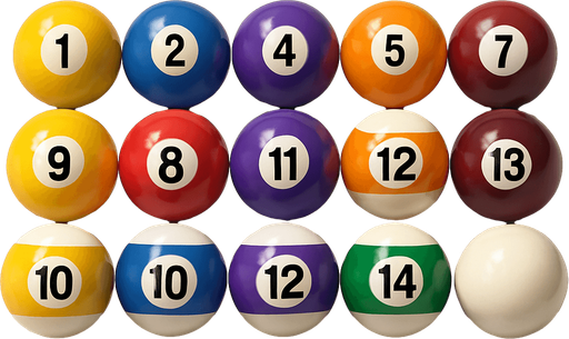 16 ball of billiard, 3D colors, 3d texture, HD colors.
In-Game asset.  High contrast.  No shadows. 3D
