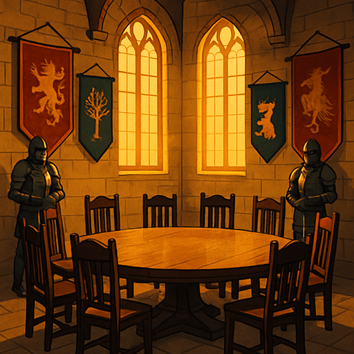 A medieval council chamber with a round oak table, banners of noble houses, armored guards, high windows filtering in golden light, reailstic.
In-Game asset.  2d.  High contrast.  No shadows