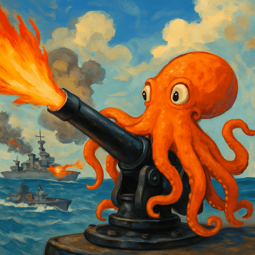un pulpo naranja frenetico disparandole a buques de guerras encima de un cañon negro.
que se vea el fondo del cielo y el mar pero que no este enojado sino calmado