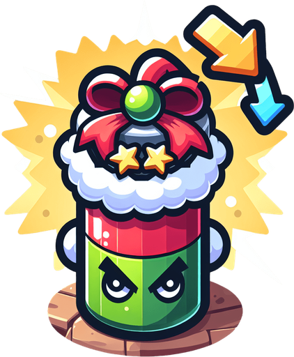 christmas present for naughty santa, cartoon, power up Single Game Texture. In-Game asset. 2d. Blank background. High contrast. No shadows.