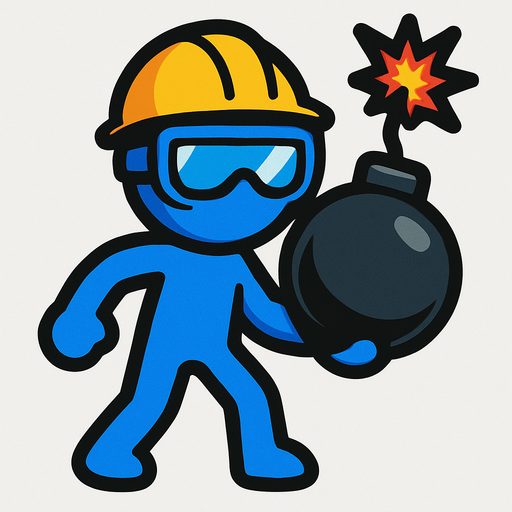 Blue stickman with safety goggles, yellow safety helmet and a bomb.
In-Game asset.  2d.  High contrast.  No shadows
