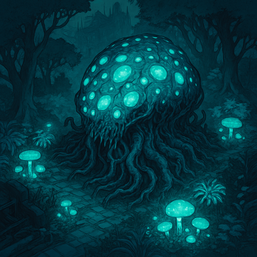 Top down isometric Cyberpunk forest, anime Akira-nausicaa inspired, background scene, large sci-fi horror bioluminescent glowing alien flora