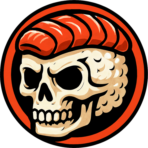 Genera una imagen de un sushi con cara de calavera, que sea un botón circular y que se vea muy epico.
In-Game asset.  2d.  High contrast.  No shadows