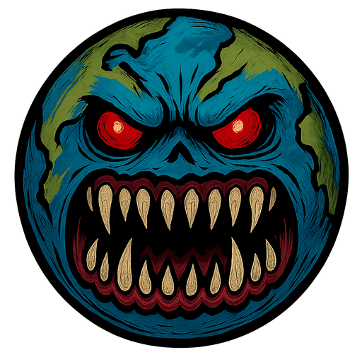 Super scary earth with sharp teeth.
Single Game Texture.  In-Game asset.  2d.  Blank background.  High contrast.  No shadows