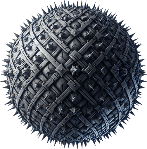 küre her yöne simetrik demir diken.
Single Game Texture. In-Game asset. 2d. Blank background. High contrast. No shadows.