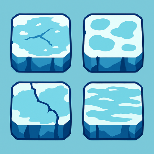 Generate a 2D sprite sheet arranged in a 2x2 grid, featuring game tiles of stylized arctic ice for a mobile game. The art style should be a clean vector illustration with flat colors and high contrast, suitable for a top-down, bird's-eye view. There should be no shadows.
The sprite sheet must show 4 distinct variations of an ice tile, each with a different surface appearance:.
In-Game asset.  2d.  High contrast.  No shadows