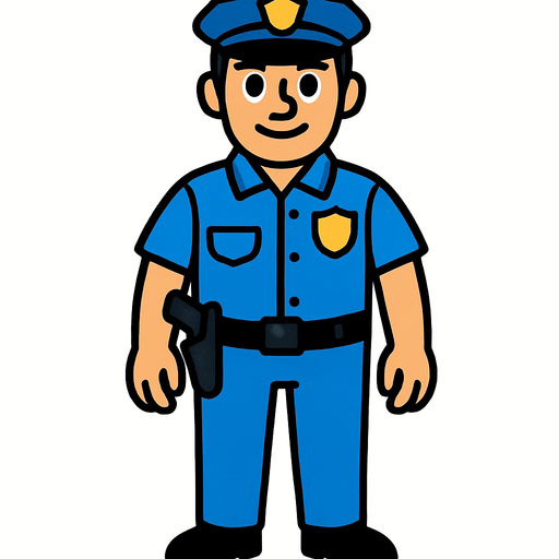 mavi polis giysili, cebinde silah olan tüm vücudu görünen bir polis.
In-Game asset.  2d.  High contrast.  No shadows