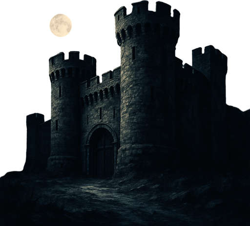 gece yarısı eski ve gerçekçi bir kale resmi.
In-Game asset.  2d.  High contrast