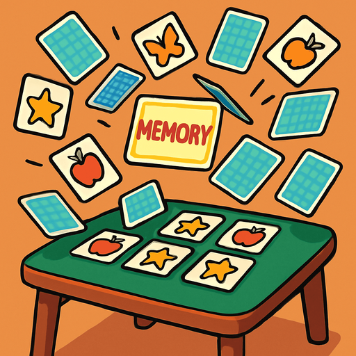 A table with the game Memory on it that got jostled so the card are flying in the air..
In-Game asset.  2d.  High contrast.  No shadows. Cartoon style. 3D image