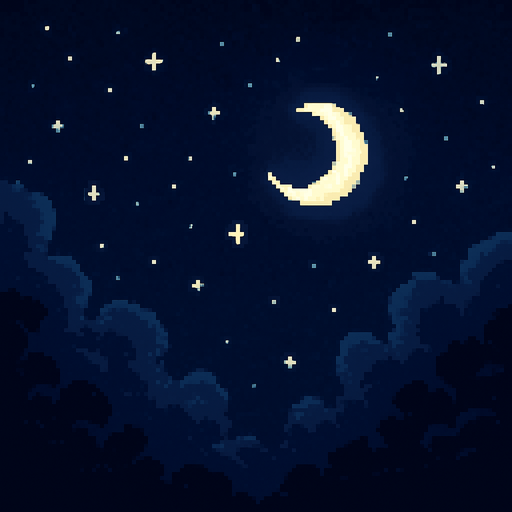 Night sky background, dark blue clouds, stars and moon, peaceful nighttime atmosphere, 2D pixel art.
In-Game asset.  2d.  High contrast.  No shadows
