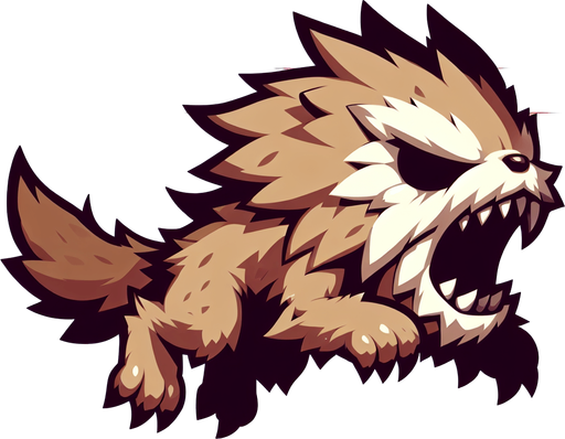A single, cartoonish little monster. It has fur and a big mouth, and its movement posture looks as if it's about to pounce forward..
Single Game Texture. In-Game asset. 2d. Blank background. High contrast. No shadows.
