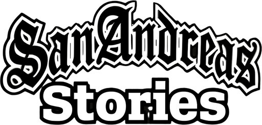 letras blancas con un contorno negro con cursiva. que dicen san andreas stories
In-Game asset.  2d.  High contrast.  No shadows con el tipo de letra del el juego gta san andreas