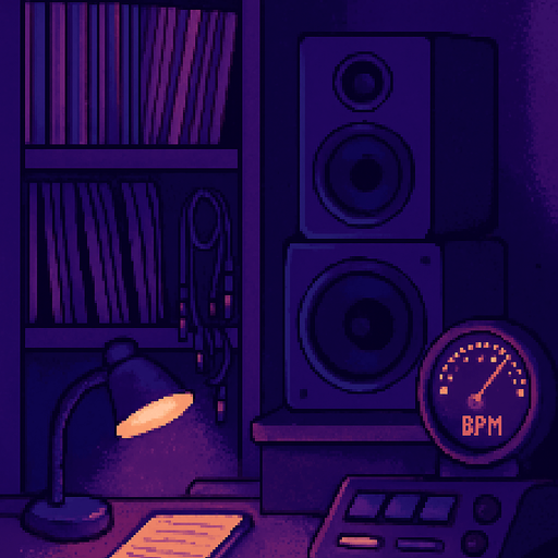 A 2048x2732 vertical pixel art background for a settings screen in a pixel-art rhythm game. The scene shows a cozy side corner of the same DJ studio seen in the main menu, with shelves full of vinyls, tangled audio cables, studio monitors, and an analog BPM dial glowing softly. A small desk lamp casts a warm light over a notepad and some buttons. The lighting is purple and blue, calm and focused. The mood is quiet, technical, and slightly futuristic — perfect for adjusting settings..
In-Game asset.  2d.  High contrast.  No shadows