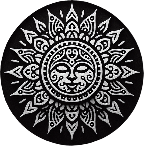 plain white intricate sun icon. black background