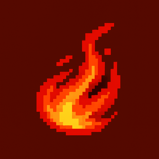 Ráfaga de fuego roja en pixel art.
In-Game asset.  2d.  High contrast.  No shadows