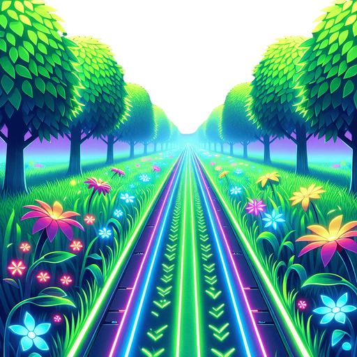 "A straight grassy path with glowing green neon edges, lined with vibrant flowers and futuristic-looking trees on both sides. The background is in a cyberpunk style with soft glowing grass, bioluminescent flowers, and stylized trees with colorful leaves. Bright, clean night setting with a subtle purple-blue sky glow in the distance, suitable for a side-scrolling neon runner game. Stylized, vibrant, 2D art.".
Single Game Texture.  In-Game asset.  2d.  Blank background.  High contrast.  No shadows