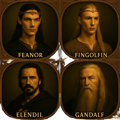 Feanor ve Fingolfin birer elf prensi buna layık olsunlar. Gandalfında şapkası yok. Çerçeve ve boyut vs değiştirmeden yeniden üret