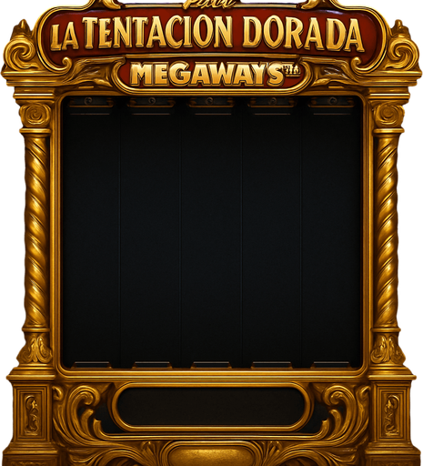 Crea un asset visual completo para una máquina tragamonedas estilo Megaways, coherente con 'La Tentación Dorada'.

Diseño Central Megaways:

Rodillos Dinámicos: Muestra una configuración de 6 rodillos verticales, donde la altura de cada rodillo puede variar de forma dinámica (mostrando entre 2 y 7 símbolos por rodillo). Esto debe ser visualmente aparente, quizás con indicadores de símbolos en la parte superior/inferior de cada rodillo (necesito que dejes un hueco en la maquina para que yo ponga los 6 rodillos/slots).

Estilo y Temática:

Opulencia: Marco de la máquina lujoso, dorado, con detalles intrincados, similar a la tragamonedas principal.

Fondo de Rodillos: Oscuro y elegante (negro, azul noche), para resaltar los símbolos.