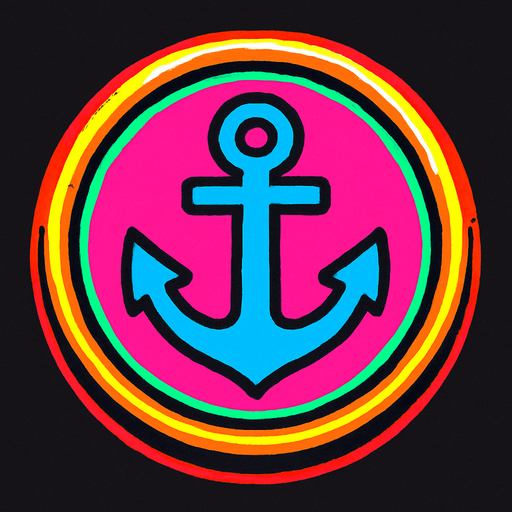 A round button with an embossed edge with an anchor in the center. 80s arcade machine graphics..
In-Game asset.  2d.  High contrast.  No shadows