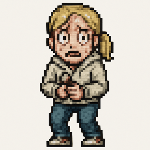 Create a pixel-art main character sprite of a scared blonde woman for a 2D horror survival game. She should have light blonde hair (shoulder length or tied in a ponytail), wide anxious eyes, and a pale complexion. Her outfit should be casual: a light-colored shirt or hoodie, jeans, and sneakers. The character should appear visibly nervous or frightened – slightly hunched posture, hands close to body, maybe holding a flashlight. Include subtle animation or idle pose showing fear. Style should match retro horror games. PNG with transparent background, front-facing idle stance..
In-Game asset.  2d.  High contrast.  No shadows