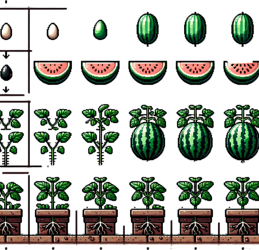 A spritesheet showing a watermelon plant in various stages of germantion, from seed over sapling and to full grown plant, and then the ripe watemelon. The sprites should be laid out in a rectangular grid with blank space between them.. Single Game Texture. In-Game asset. 2d. Blank background. High contrast. No shadows..
Single Game Texture. In-Game asset. 2d. Blank background. High contrast. No shadows.