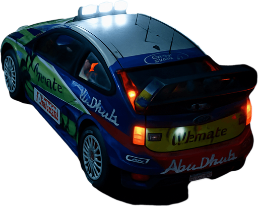 Photorealistic Ford Focus RS WRC 2008 Rallycar in nightlight, drone topview from back and 45 degrees angle in top right corner