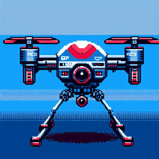 8 bit front image blue red scifi police drone.
Single Game Texture.  In-Game asset.  2d.  Blank background.  High contrast.  No shadows