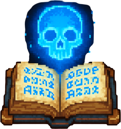 "2D pixel art of a glowing blue skull symbol emerging from an open magical spellbook. The spellbook has old, worn covers and glowing arcane runes on its pages. The skull symbol floats above the book, made of radiant blue magical energy, slightly transparent and softly glowingl. Style is classic 16-bit fantasy RPG pixel art. Transparent background.".
In-Game asset.  2d.  High contrast.  No shadows.
In-Game asset.  2d.  High contrast.  No shadows