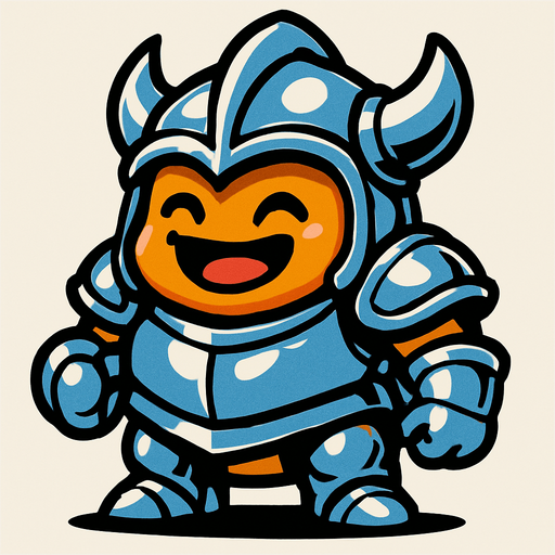 Monster with shiny armor and a helmet. Monster has a happy face.
In-Game asset.  2d.  High contrast.  No shadows