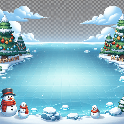 Simple Outdoor empty frozen icy lake, Christmas decorated. Camera standing at the middle of the lake looking towards shore. Cartoon. Middle of rink view. Snowmen and threes on the edge of area Single Game Texture. In-Game asset. 2d. Blank background. High contrast. No shadows.