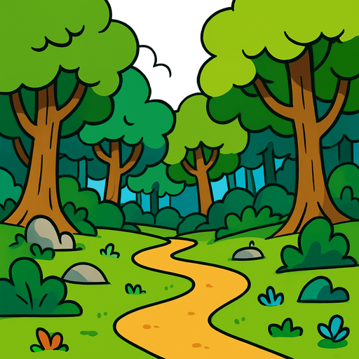 Un bosque cartoon.
In-Game asset.  2d.  High contrast.  No shadows