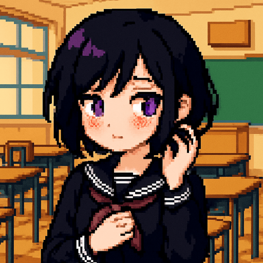 A cute anime-style girl depicted in pixel art, with an emo aesthetic and striking purple eyes. She's wearing a classic Japanese school uniform (sailor fuku). She has a shy expression, with blushing cheeks and an averted gaze. Her left hand is playing with her hair, while her right hand rests on her chest. In the background, there's a typical anime-style classroom.