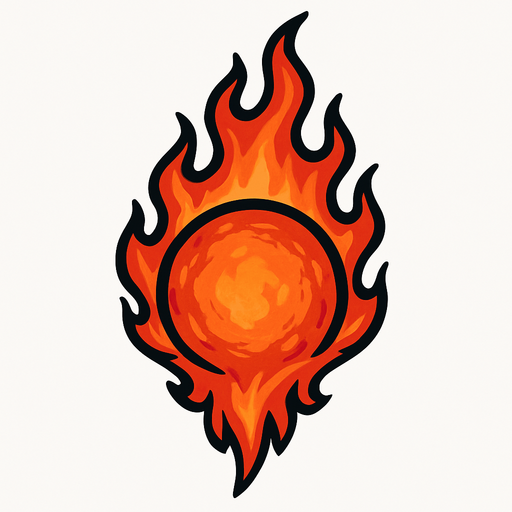 Alev topu alevi aşağı doru olan.
In-Game asset.  2d.  High contrast.  No shadows