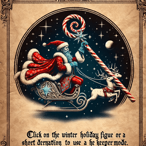 a pergament of a Santa Clause on his sledge with reindeers in the sky. He holds a scepter of candy cane. There is the text: "Click on Santa for a short duration to use the KeeperMode."