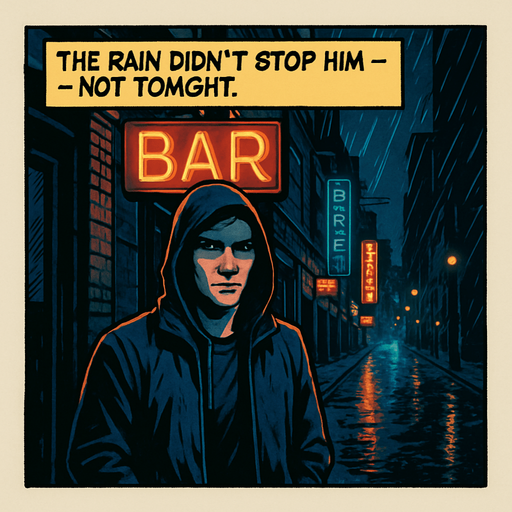 A comic panel styled like a square photo print with a clean white border. Realistic comic art. Scene: A rainy city street at night, neon signs reflecting on wet pavement, Noah stands under a flickering bar sign, hood up, looking uncertain. Narrator box at the top reads: “The rain didn’t stop him — not tonight.”.
In-Game asset.  2d.  High contrast.  No shadows