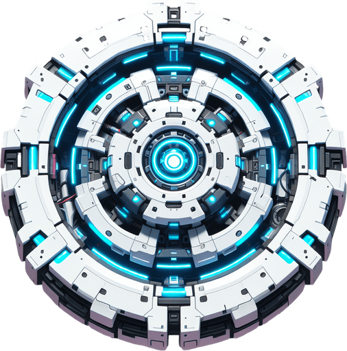 Battle drone, circular. White with blue glowing highlights. Birds Eye view from overhead. Cyberpunk. Simple shapes..
Single Game Texture. In-Game asset. 2d. Blank background. High contrast. No shadows.