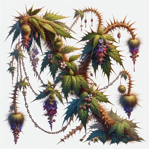 a single wildvine with spikes and flowers dangling..
Single Game Texture. In-Game asset. 2d. Blank background. High contrast. No shadows.