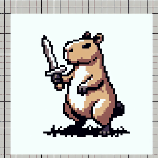 Capibara con una espada y pixelado.
Single Game Texture.  In-Game asset.  2d.  Blank background.  High contrast.  No shadows