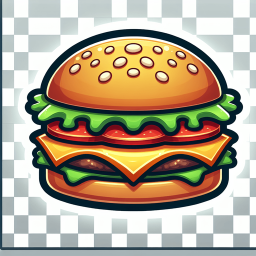 hamburger,2d,cartoon,blank background.
Single Game Texture.  In-Game asset.  2d.  Blank background.  High contrast.  No shadows