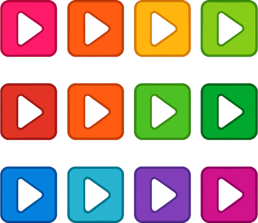 a sprite sheet for a 2D illustration of colored square buttons containing a minimalistic triangle arrow inside them, for a rythm based musical casual mobile game.
In-Game asset.  2d.  High contrast.  No shadows