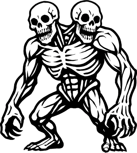montruo blanco de ojos negros de dos cabezas musculoso esqueletico.
In-Game asset.  2d.  High contrast.  No shadows