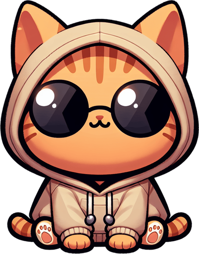 The character in the image is a cartoon-style, orange tabby cat with noticeable stripes. It has a round face, wearing a pair of oversized, round, dark opaque sunglasses. The cat's body is smaller in comparison to its head, giving it a cute, chubby appearance. It's wearing a simple, light-colored hoodie with a drawstring. The cat sits with its paws visible in front, showing a relaxed posture. The overall style is playful and whimsical, perfect for a casual mascot or a character in a children's book..
Single Game Texture. In-Game asset. 2d. Blank background. High contrast. No shadows.