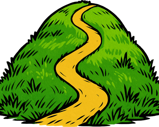 Cima de una colina redondeada con un sendero que lleva a la cima, mucho césped.
In-Game asset.  2d.  High contrast.  No shadows