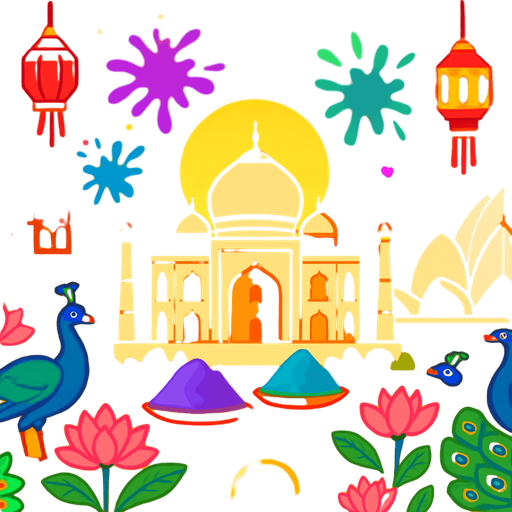 A vibrant, colorful 2D cartoon-style background inspired by India. Include iconic Indian elements such as the Taj Mahal, Lotus Temple, Indian palace architecture, Holi color splashes, and hanging lanterns. Surround the scene with peacocks, lotus flowers, temple bells, or traditional rangoli patterns. The atmosphere should feel festive and spiritual, with a warm sunset or golden light. Designed in a flat, game-friendly illustration style (vector/cartoon), perfect for a level themed around traditional Indian music. Export in 1920x1080 (landscape), without characters or text..
In-Game asset.  2d.  High contrast.  No shadows