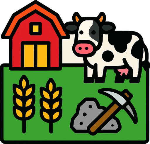 My farm, wheat, cow, ore, pickaxe. Starting screen style.
In-Game asset.  2d.  High contrast.  No shadows