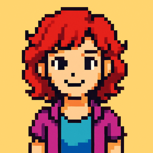 Personaje artística viendo a la cámara pixel art.
In-Game asset.  2d.  High contrast.  No shadows