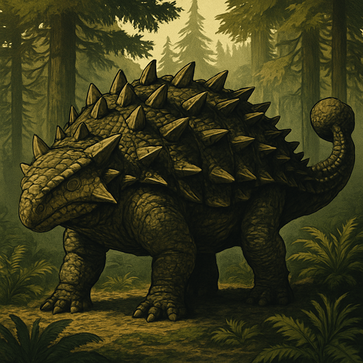 A large, heavily armored Ankylosaurus dinosaur standing in a prehistoric forest. Its body is covered with thick, bumpy, dark brown and olive-green armored plates and sharp spikes along its sides and back. The dinosaur has a broad, low head with small eyes and a short snout. Its massive tail ends with a large, club-like bony knob, ready to swing. The scene is lit by soft sunlight filtering through dense ancient conifers, with ferns and cycads on the ground. The texture of the skin is rough and scaly, showing detailed scales and scars from past battles. The overall style is realistic with natural colors and detailed textures, emphasizing the dinosaur’s power and defense..
In-Game asset.  2d.  High contrast.  No shadows